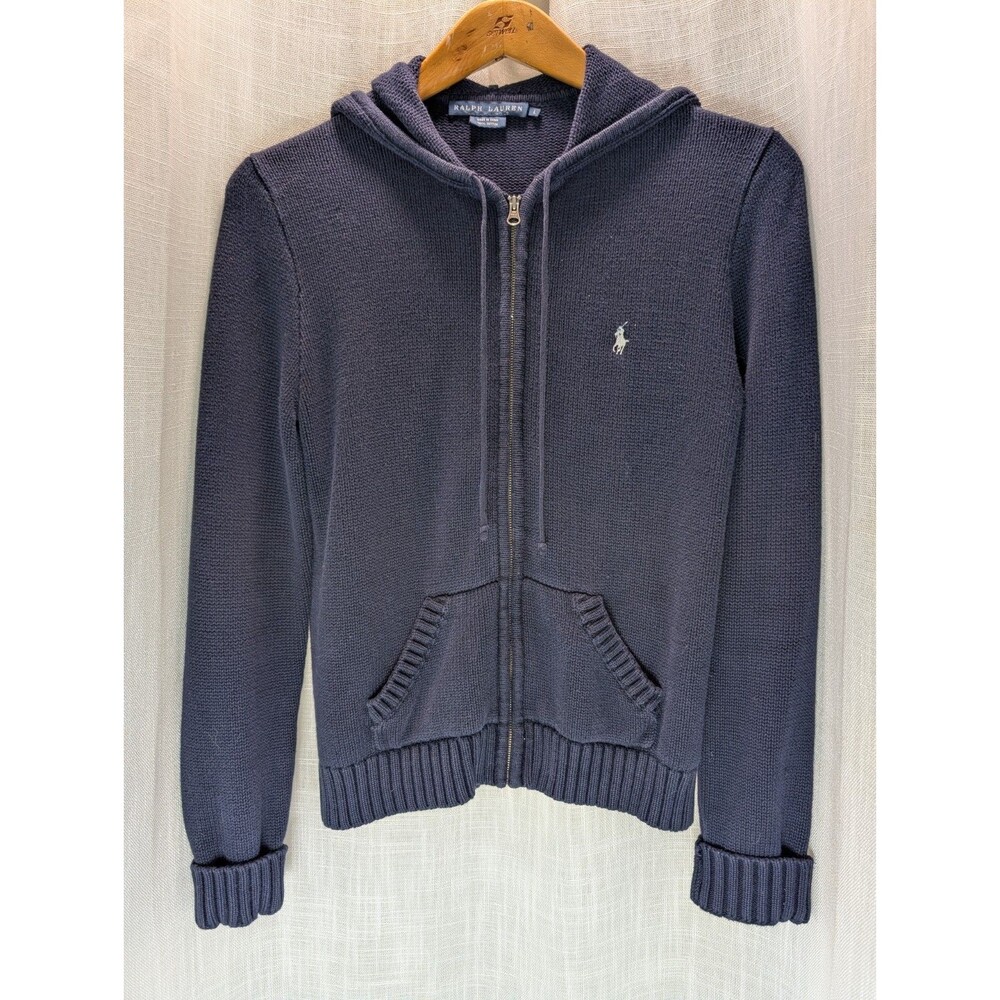 Ralph Lauren Blue Label Zip Cardigan Sweater Jacket Hoodie Pockets Navy Blue L